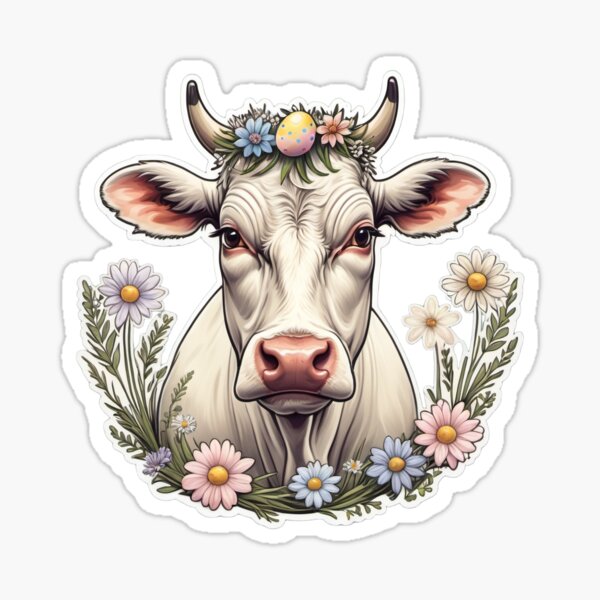 Vista previa del artículo con la obra «Vaca de Pascua con corona de flores y huevos decorados – Spring Farm Aesthetic», diseñado y vendido por UAcomix.