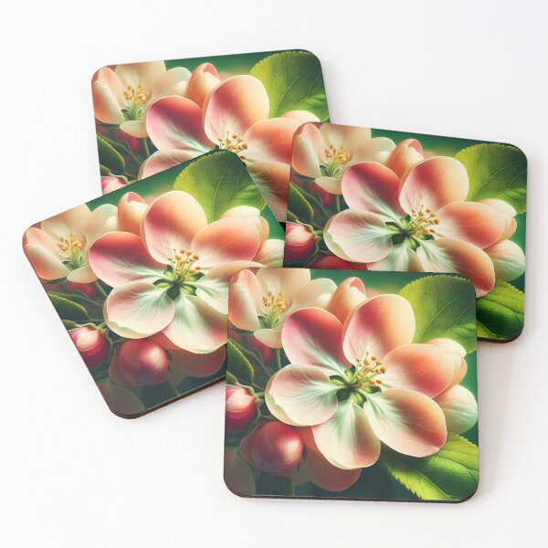 Item preview, Closeup apple tree pink blossom flower petals and leaf twig macro sprint flora art designed and sold by EmeraldeaArt.