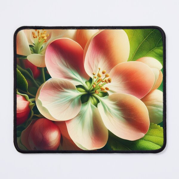 Item preview, Closeup apple tree pink blossom flower petals and leaf twig macro sprint flora art designed and sold by EmeraldeaArt.