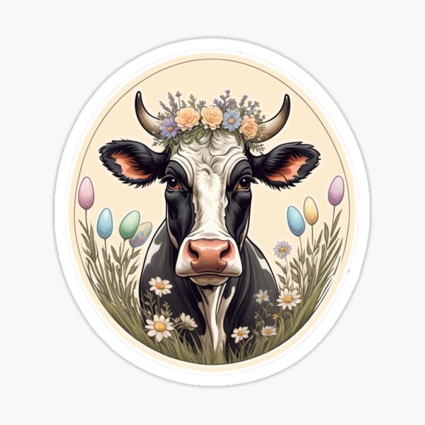 Vista previa del artículo con la obra «Vaca de Pascua con corona de flores y huevos decorados – Spring Farm Aesthetic», diseñado y vendido por UAcomix.