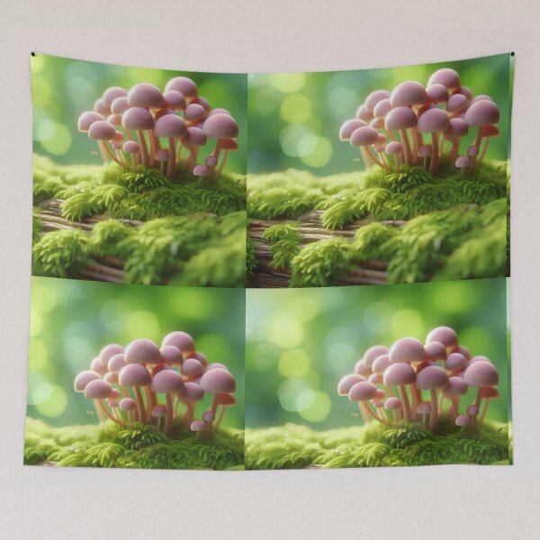 Item preview, Beige pink little shrooms on moss covered tree funghi fungus aesthetic designed and sold by EmeraldeaArt.