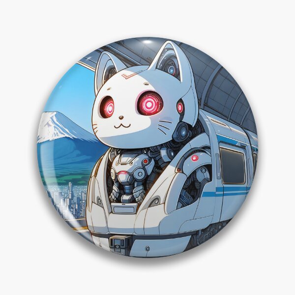 Item preview, White robotical kitty train anime style cartoon train station designed and sold by EmeraldeaArt.