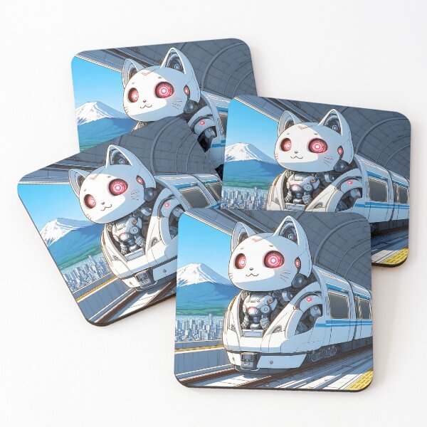 Item preview, White robotical kitty train anime style cartoon train station designed and sold by EmeraldeaArt.