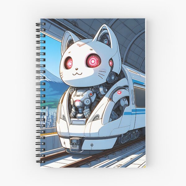 Item preview, White robotical kitty train anime style cartoon train station designed and sold by EmeraldeaArt.