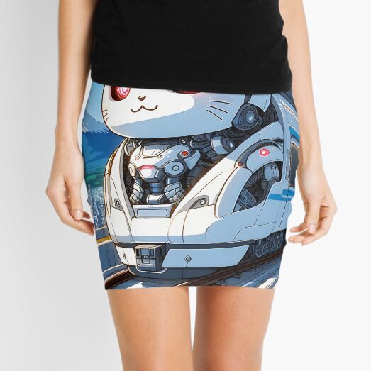 Item preview, White robotical kitty train anime style cartoon train station designed and sold by EmeraldeaArt.