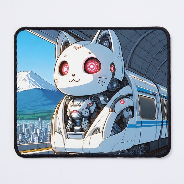 Item preview, White robotical kitty train anime style cartoon train station designed and sold by EmeraldeaArt.