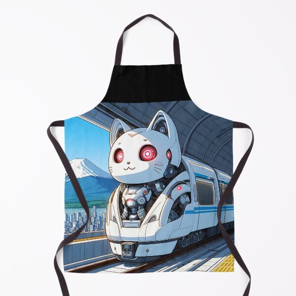 Item preview, White robotical kitty train anime style cartoon train station designed and sold by EmeraldeaArt.