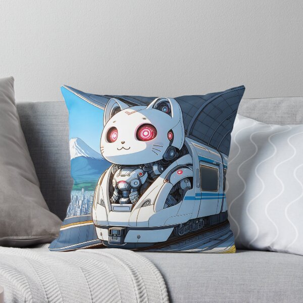 Item preview, White robotical kitty train anime style cartoon train station designed and sold by EmeraldeaArt.
