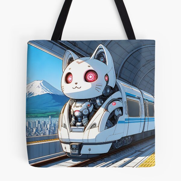 Item preview, White robotical kitty train anime style cartoon train station designed and sold by EmeraldeaArt.