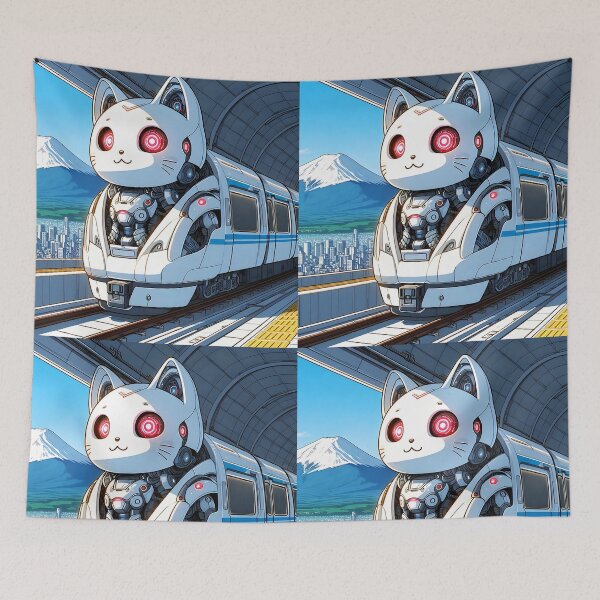 Item preview, White robotical kitty train anime style cartoon train station designed and sold by EmeraldeaArt.