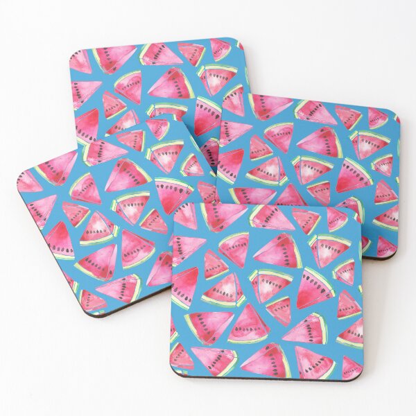 Item preview, A vibrant watercolor pattern of juicy watermelon wedges on a sky blue background designed and sold by Hillary Holt.