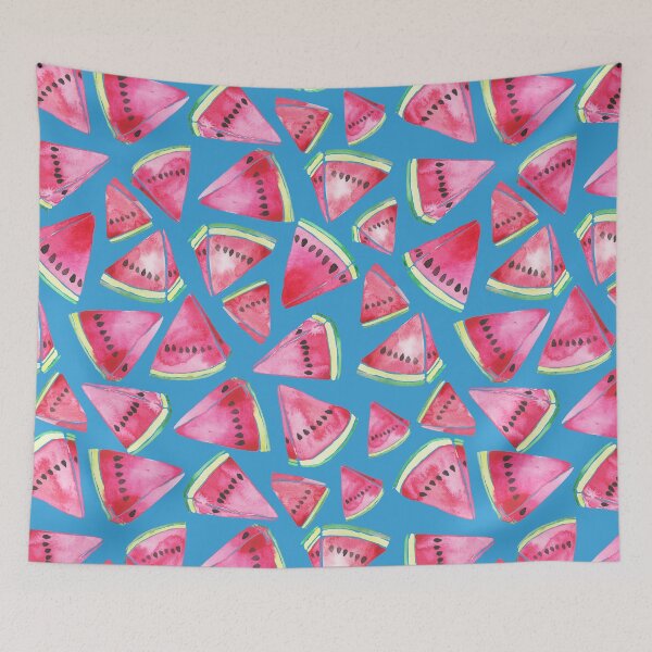 Item preview, A vibrant watercolor pattern of juicy watermelon wedges on a sky blue background designed and sold by Hillary Holt.