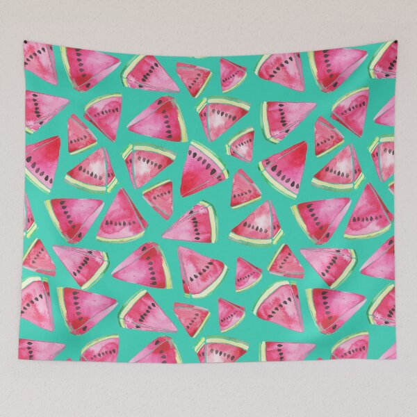 Item preview, A vibrant watercolor pattern of juicy watermelon wedges on a teal background designed and sold by Hillary Holt.