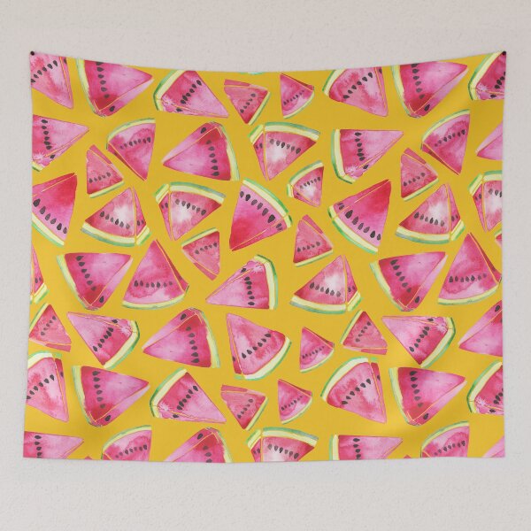 Item preview, A vibrant watercolor pattern of juicy watermelon wedges on a bright yellow background designed and sold by Hillary Holt.