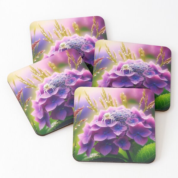 Item preview, white bright light spider on a purple hydrangea head among grasses garden illustration with some dew drops designed and sold by EmeraldeaArt.