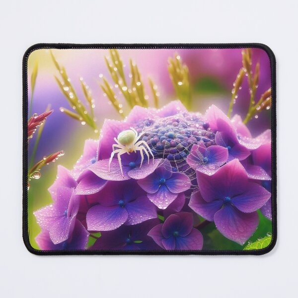 Item preview, white bright light spider on a purple hydrangea head among grasses garden illustration with some dew drops designed and sold by EmeraldeaArt.