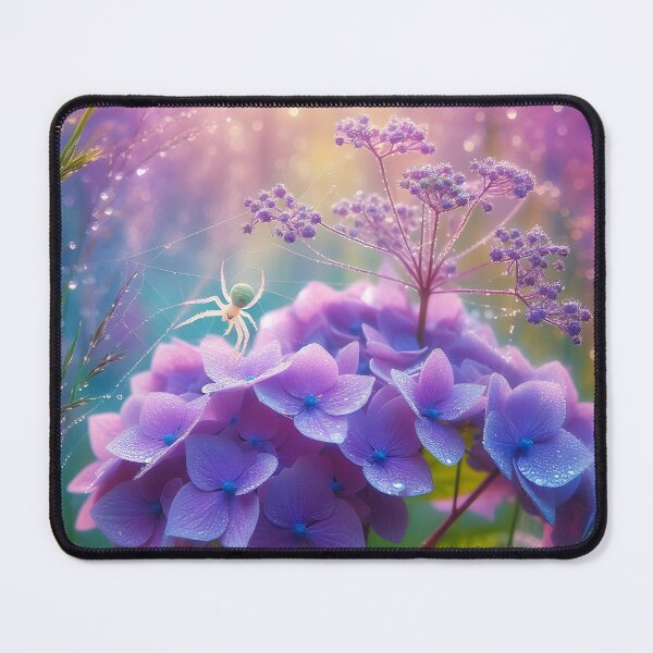 Item preview, Spider in a purple blooming hydrangea garden aesthetic garden artillustration with some dew drops designed and sold by EmeraldeaArt.