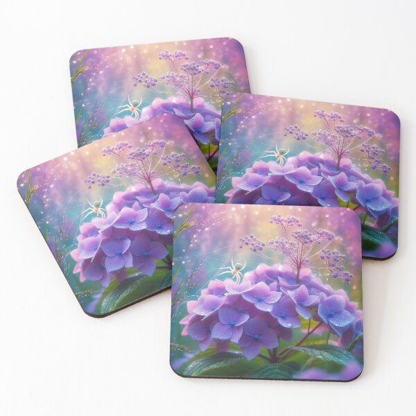 Item preview, Spider in a purple blooming hydrangea garden aesthetic garden artillustration with some dew drops designed and sold by EmeraldeaArt.