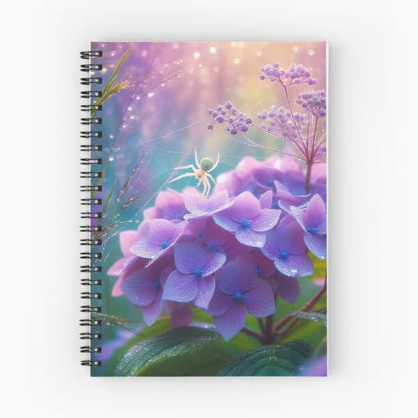 Item preview, Spider in a purple blooming hydrangea garden aesthetic garden artillustration with some dew drops designed and sold by EmeraldeaArt.
