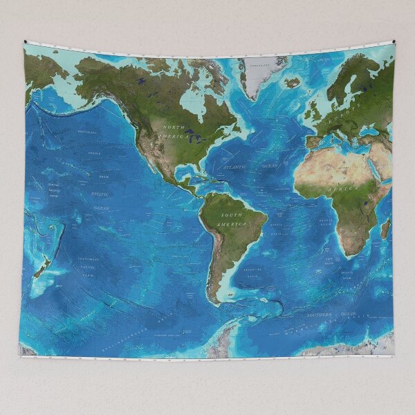 Item preview, World map with ocean topography and continents print designed and sold by Jéanpaul  Ferro.