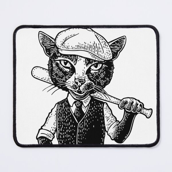 Item preview, Cat batter holding a baseball bit and dressed in a peaked cap, waistcoat. Vintage black engraving designed and sold by morevector.