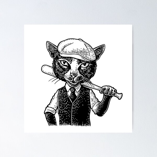 Item preview, Cat batter holding a baseball bit and dressed in a peaked cap, waistcoat. Vintage black engraving designed and sold by morevector.