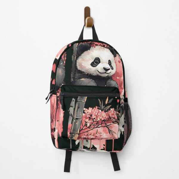 Item preview, Cute pandas holding hearts with pink floral background Romantic panda illustration with bamboo and cherry blossoms designed and sold by Anastasiia Yurevych.
