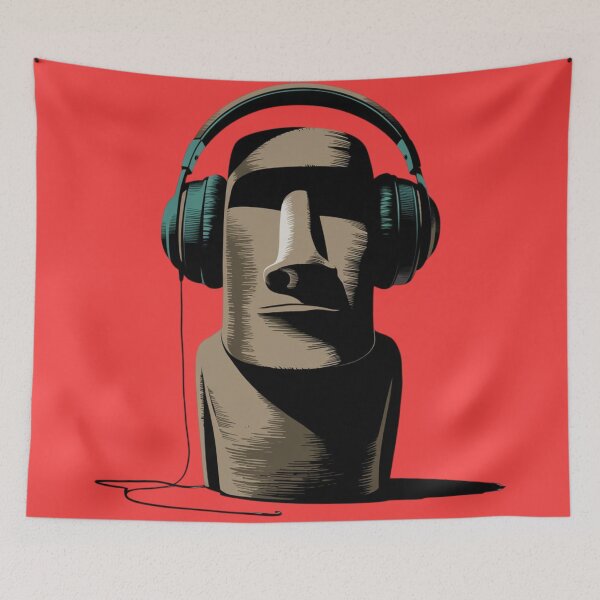 Item preview, Moai statue wearing large over-ear headphones designed and sold by 123ks.
