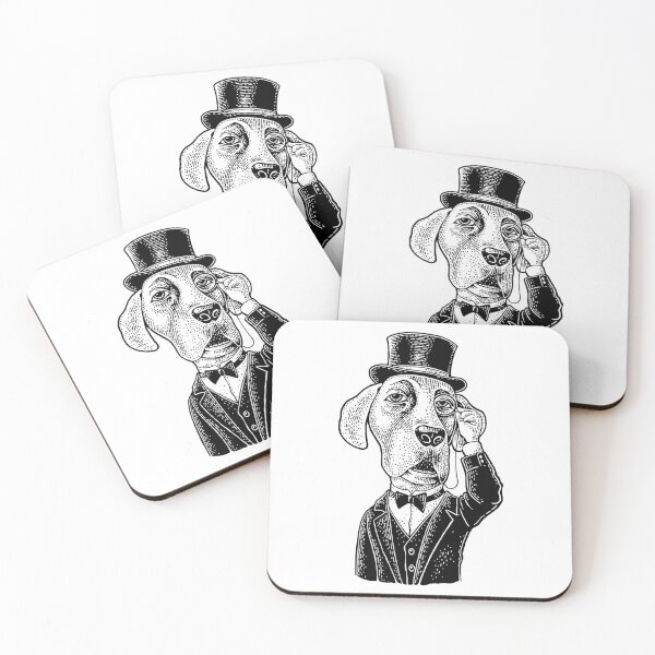 Item preview, Dog gentleman holding a monocle and dressed in a hat, suit, waistcoat. Vector black engraving designed and sold by morevector.