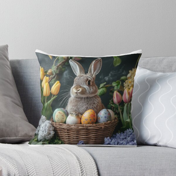 Item preview, Easter Bunny, wicker basket, painted eggs, spring flowers designed and sold by ACuriousshoppe.