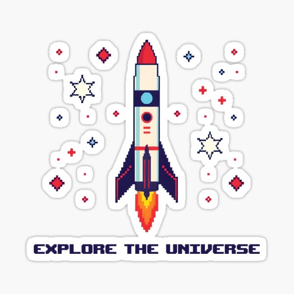 Artikel-Vorschau von Pixelart Raketendesign „Erkunde das Universum“, designt und verkauft von Ink-Studi0.