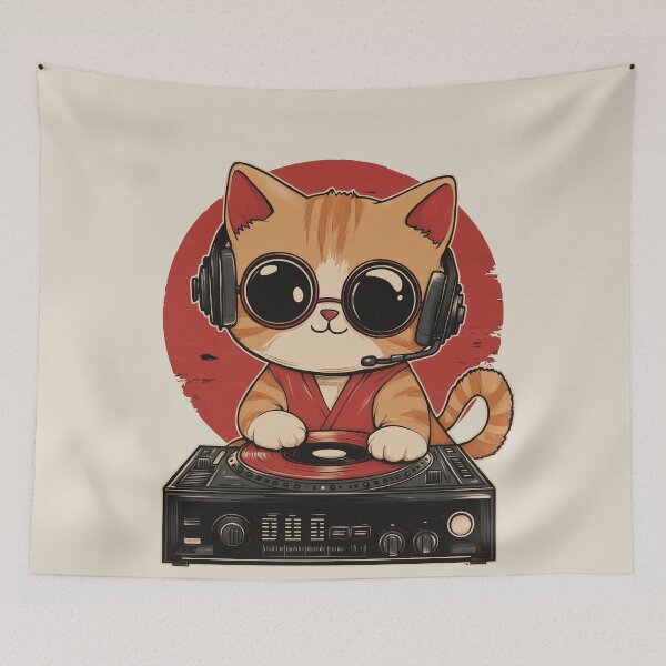 Item preview, Kawaii Retro Funky Cat DJ with Sunglasses designed and sold by OrenjiArtShop.