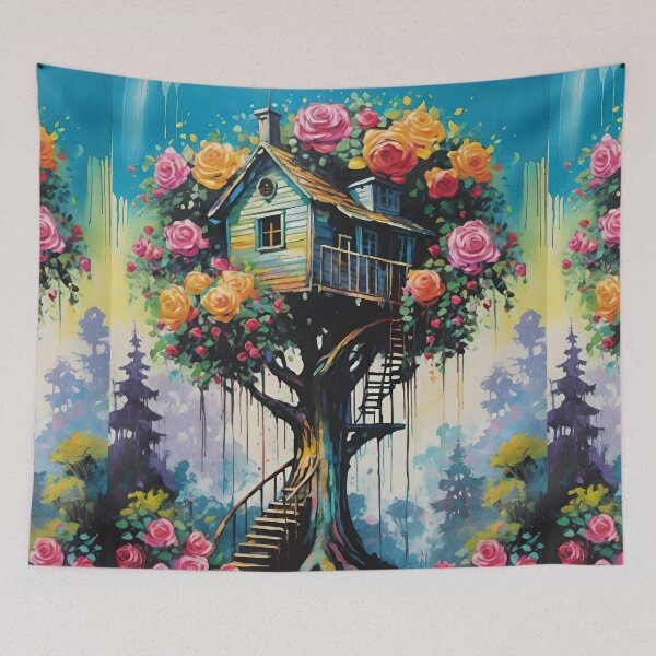 Item preview, Dreamy Treehouse In The Branches Of A Giant Tree Filled With Vibrant Blooming Roses designed and sold by CarrollGene.