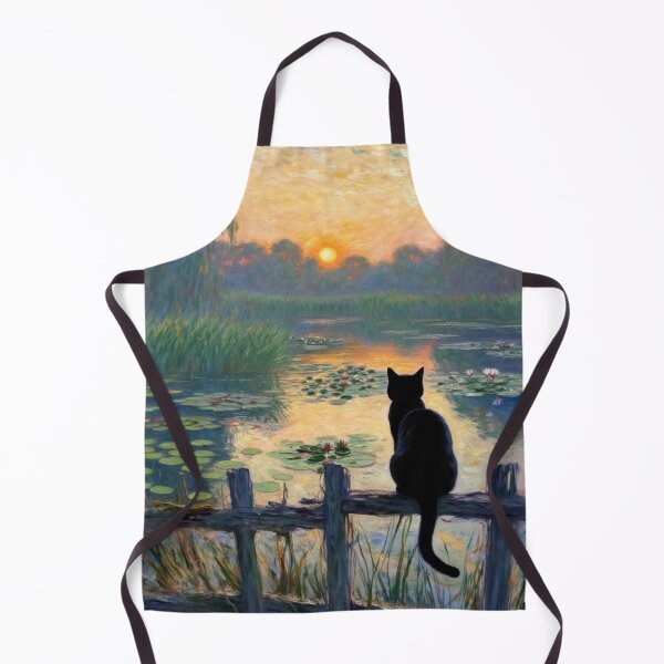 Item preview, Black Cat at Sunset Pond - Impressionist Landscape with Feline, Monet-Inspired Water Lily Art, designed and sold by Kina-design.