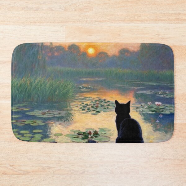 Item preview, Black Cat at Sunset Pond - Impressionist Landscape with Feline, Monet-Inspired Water Lily Art, designed and sold by Kina-design.