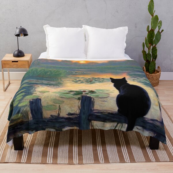 Item preview, Black Cat at Sunset Pond - Impressionist Landscape with Feline, Monet-Inspired Water Lily Art, designed and sold by Kina-design.
