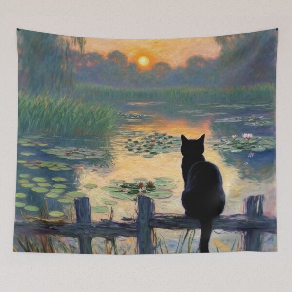 Item preview, Black Cat at Sunset Pond - Impressionist Landscape with Feline, Monet-Inspired Water Lily Art, designed and sold by Kina-design.