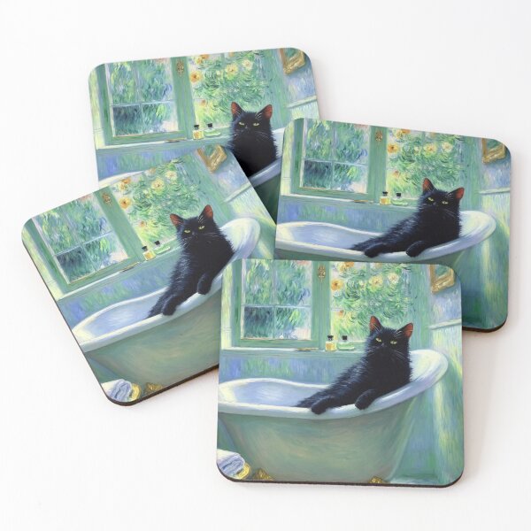 Item preview, Black Cat in a Bathtub - Monet-Inspired Impressionist Art, Whimsical Feline Painting designed and sold by Kina-design.