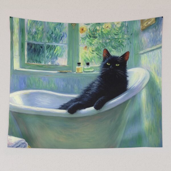 Item preview, Black Cat in a Bathtub - Monet-Inspired Impressionist Art, Whimsical Feline Painting designed and sold by Kina-design.