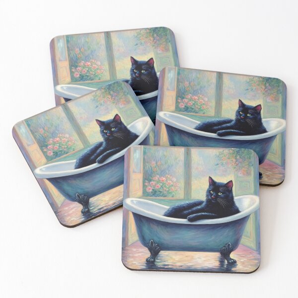 Item preview, Black Cat in a Bathtub - Monet-Inspired Impressionist Art, Whimsical Feline Painting designed and sold by Kina-design.