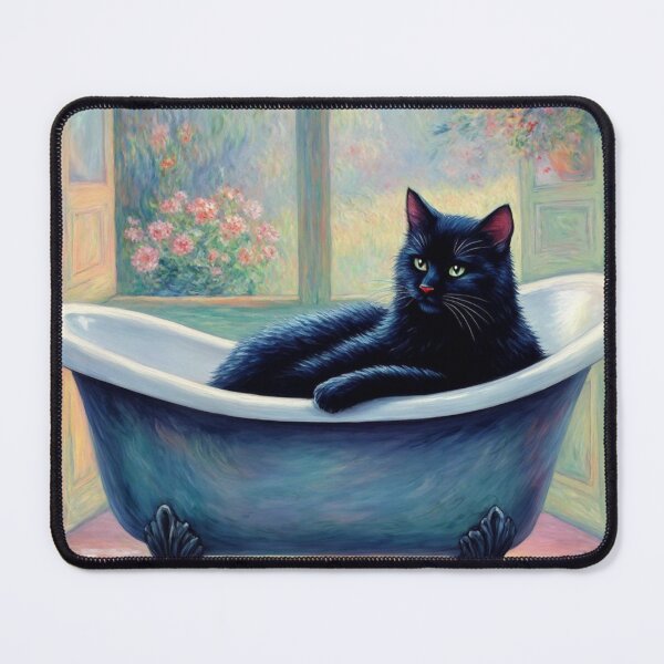Item preview, Black Cat in a Bathtub - Monet-Inspired Impressionist Art, Whimsical Feline Painting designed and sold by Kina-design.
