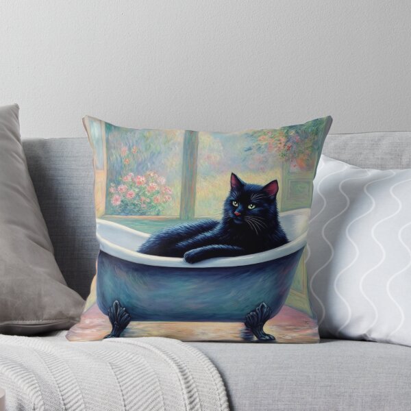 Item preview, Black Cat in a Bathtub - Monet-Inspired Impressionist Art, Whimsical Feline Painting designed and sold by Kina-design.