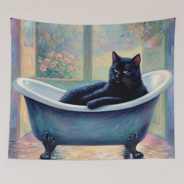 Item preview, Black Cat in a Bathtub - Monet-Inspired Impressionist Art, Whimsical Feline Painting designed and sold by Kina-design.