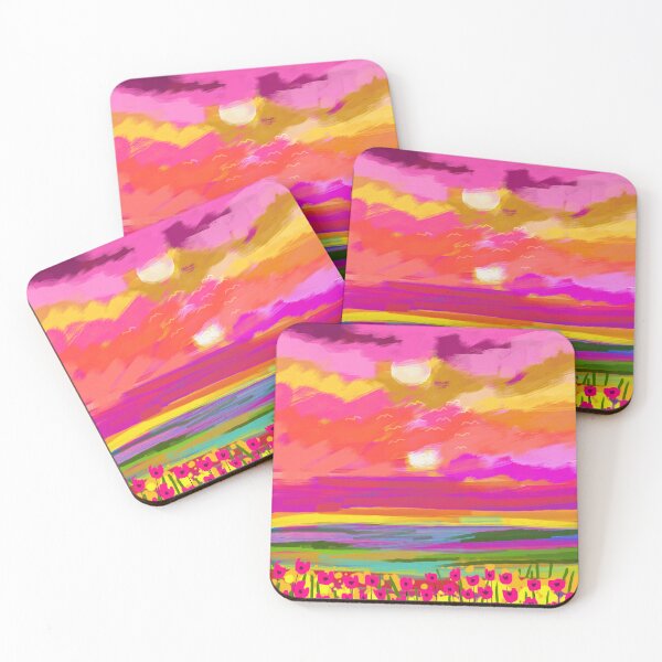 Item preview, Two Suns, Pink Nature Painting Sky, Maximalist Landscape Pop of Color Eclectic, Sunrise Sunset Meadow Boho Modern Contemporary designed and sold by 83oranges.com.