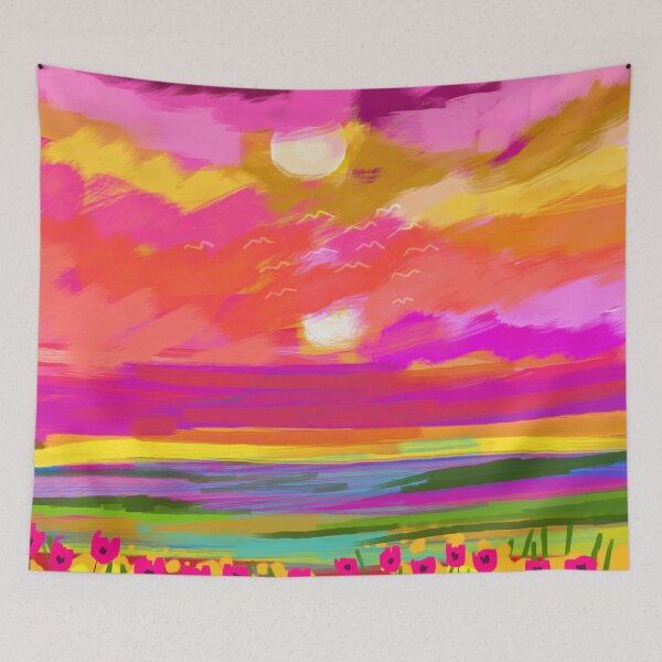 Item preview, Two Suns, Pink Nature Painting Sky, Maximalist Landscape Pop of Color Eclectic, Sunrise Sunset Meadow Boho Modern Contemporary designed and sold by 83oranges.com.