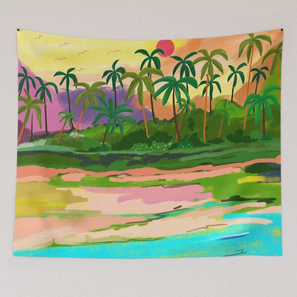 Item preview, Tropical Backwaters of Kerala, Nature Jungle Forest Landscape Painting, Dreamy Scenic Travel Lake Palm Bohemian designed and sold by 83oranges.com.