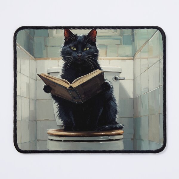 Artikelvorschau, Schwarze Katze liest Buch auf der Toilette - lustige Badezimmerkunst, wunderliche Katzenillustration, entworfen und verkauft von Kina-design.