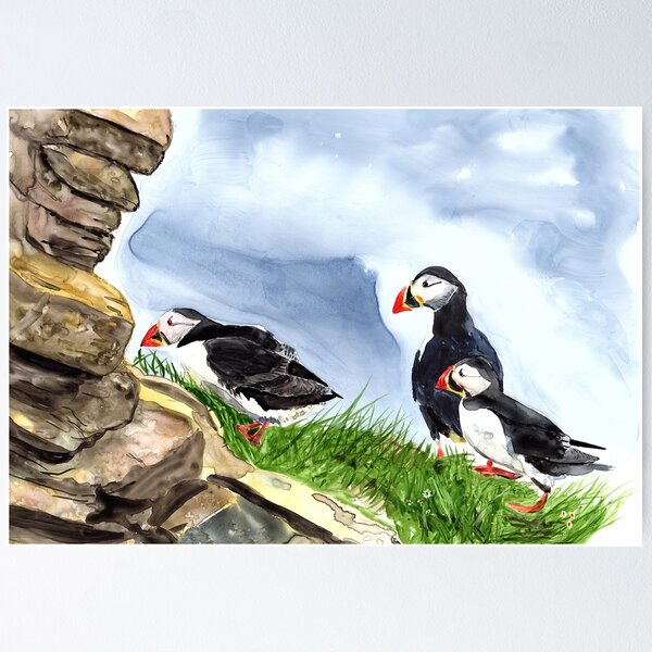Item preview, "What is going on over there?" Atlantic Puffins Watercolor Painting  designed and sold by Sandra Connelly.