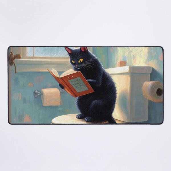 Artikelvorschau, Schwarze Katze liest Buch auf der Toilette - lustige Badezimmerkunst, wunderliche Katzenillustration, entworfen und verkauft von Kina-design.