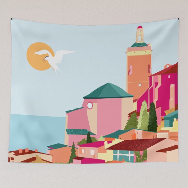 Item preview, Crimson Rouge, Colorful Architecture Buildings, Greece Cityscape Skyline, Seagull Travel Summer Eclectic Bohemian Pop of Color Positivity designed and sold by 83oranges.com.